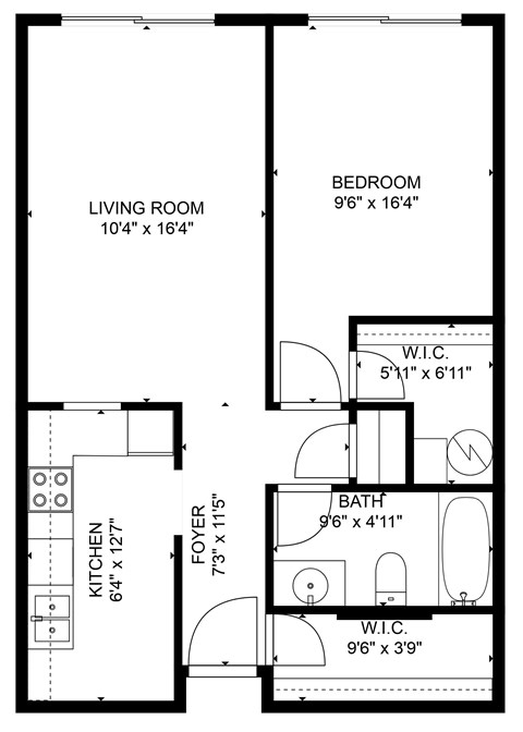 Floor plan for 1 bed, 1 bath, 610 sqft